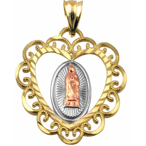 Miraculous Medal Charm Blessed Mother of Guadalupe Pendant Yellow & White Gold